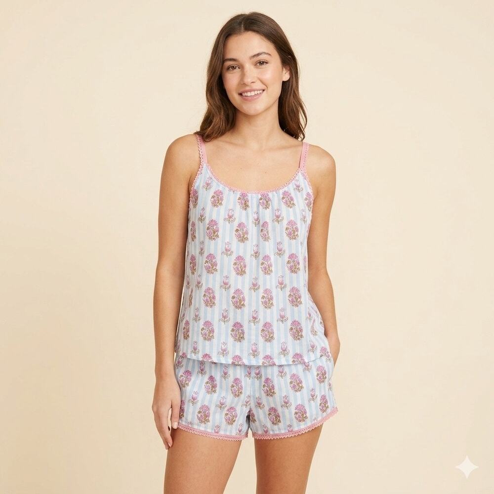 Natura Cotton Pajama Set Large Blue White Stripe Floral Camisole Shorts Spain